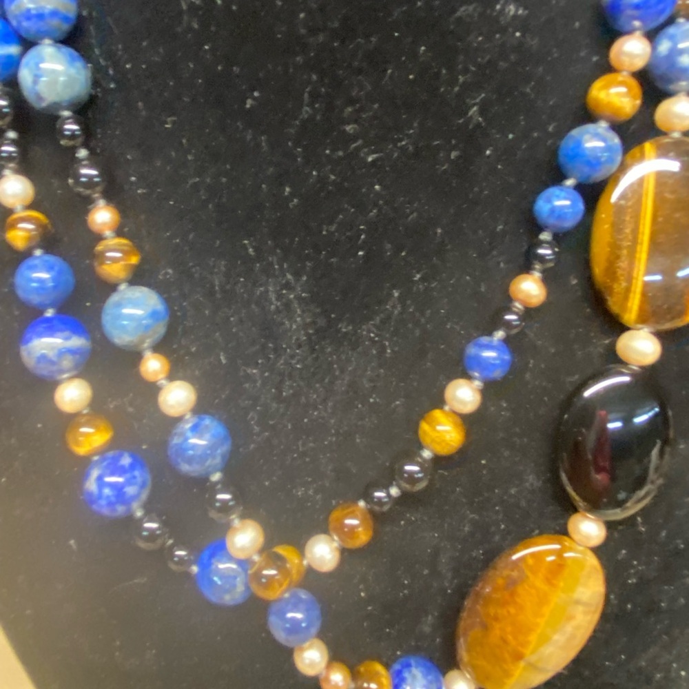 Lapis, tiger's eye, pearl, onyx & sterling knotted asymmetrical double necklace